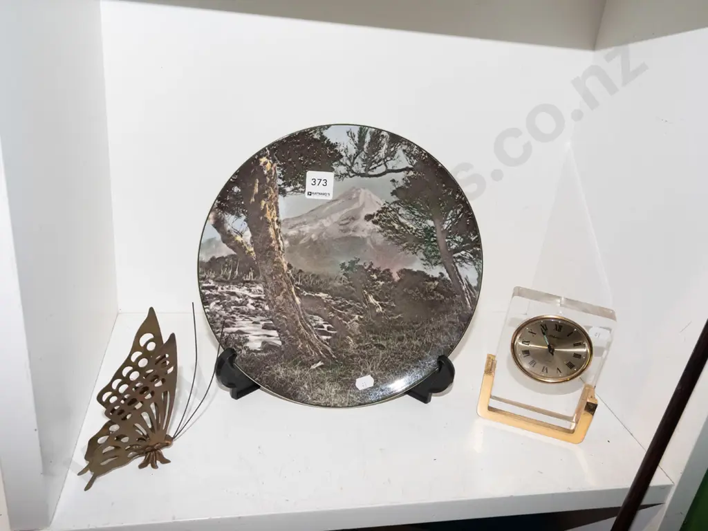 Royal Doulton Mt Egmont plate, metal butterfly, small brass and glass mantle clock Image 1++