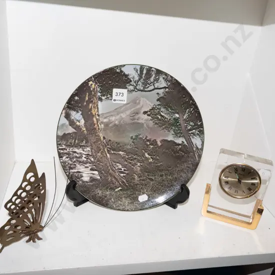 Royal Doulton Mt Egmont plate, metal butterfly, small brass and glass mantle clock