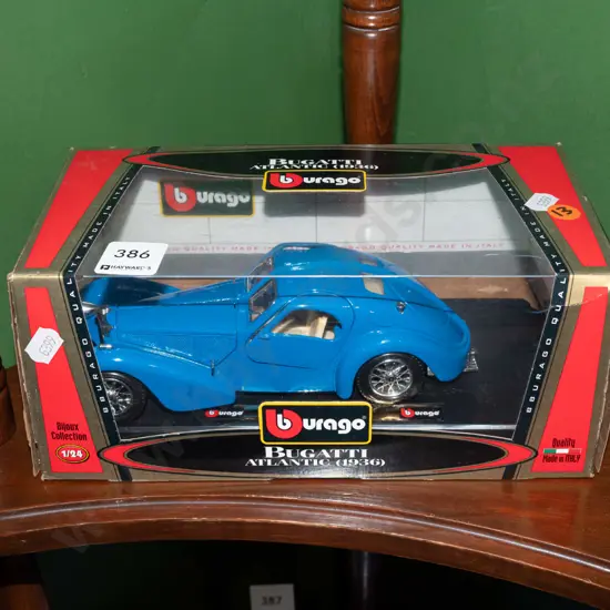 cased Burago diecast model of Bugatti Atlantic
