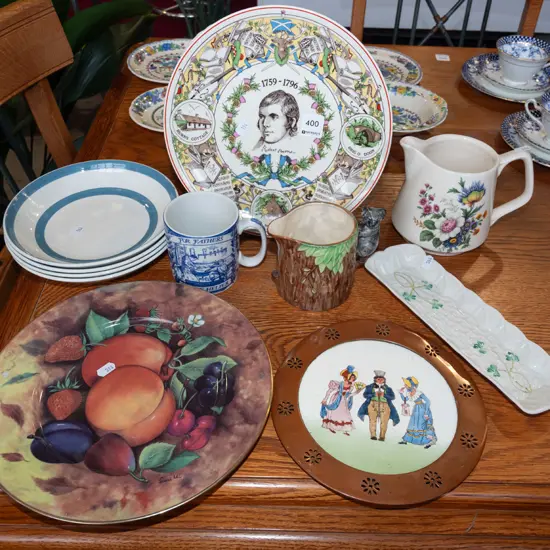 Robbie Burns plate, Kelston Potteries blue band bowls, Belleek dish etc