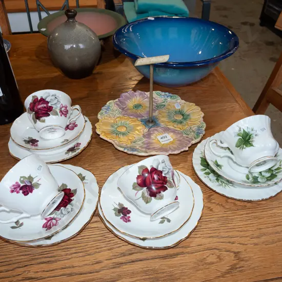 floral cake plate with handle, 4x trios