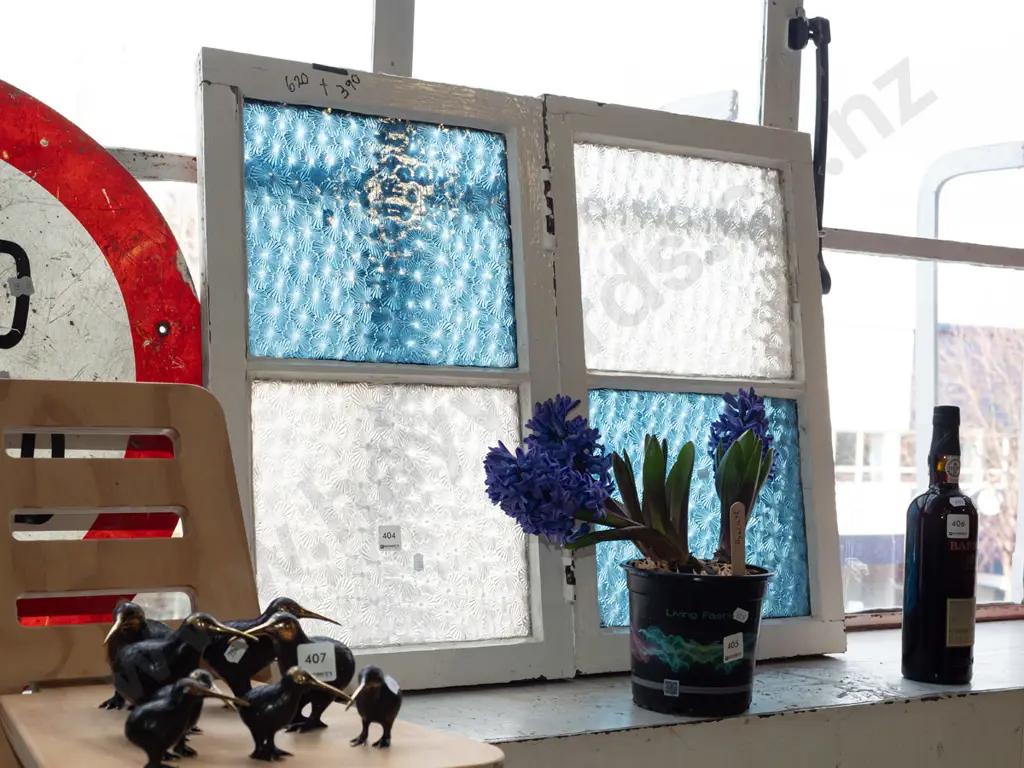 pair of windows with blue and white glass panes Individual H620 W390 Image 1++
