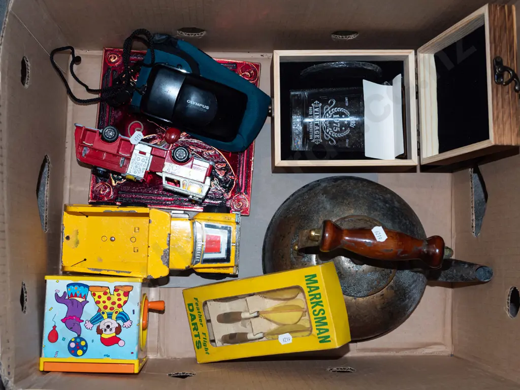 box; battered stove top kettle, presentation whisky tumbler, feather flight darts etc Image 1++