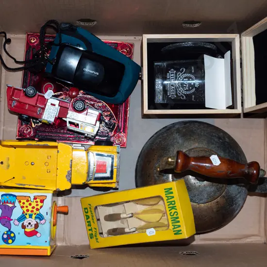 box; battered stove top kettle, presentation whisky tumbler, feather flight darts etc
