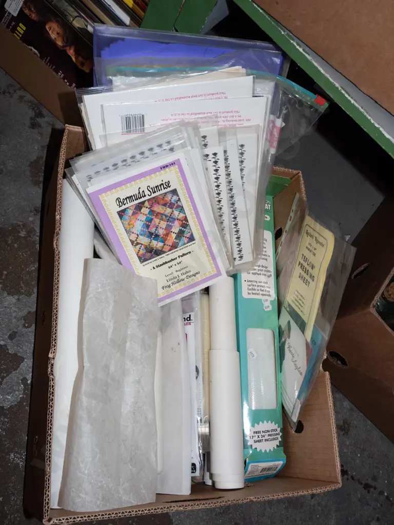 box; crafting supplies, transfer papers, fusing mats, décor bonds etc Image 1++