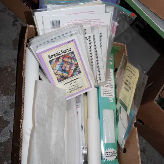 box; crafting supplies, transfer papers, fusing mats, décor bonds etc