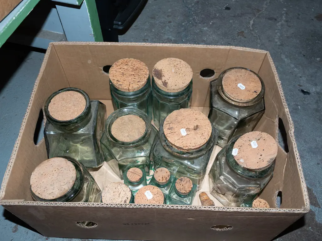 box; glass storage canisters with cork lids Image 1++