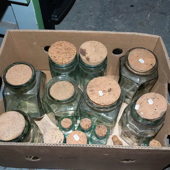box; glass storage canisters with cork lids
