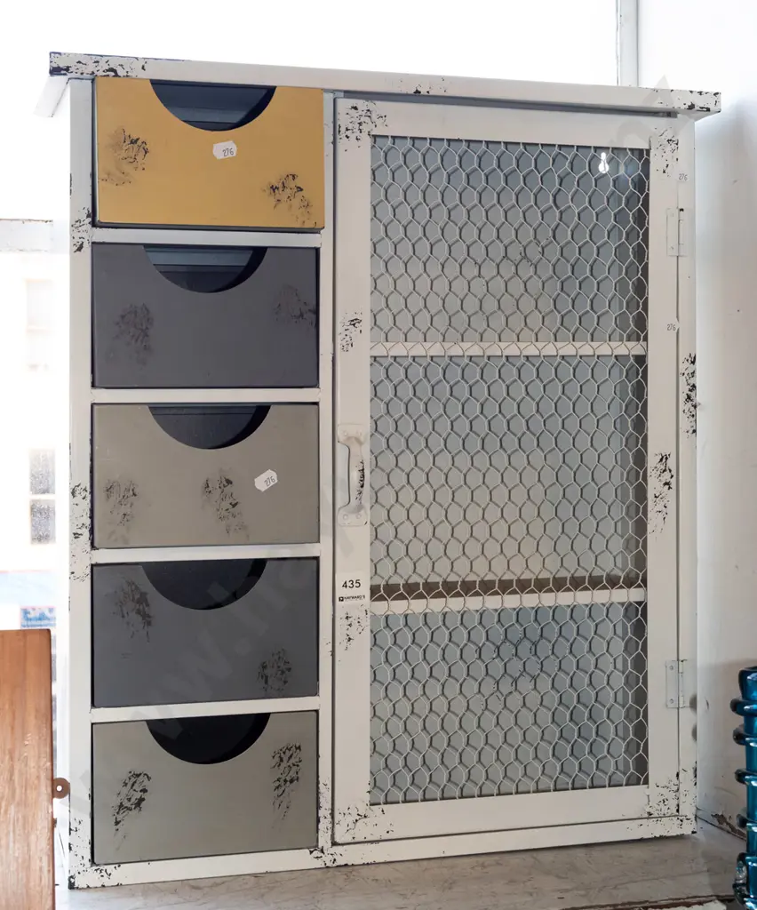 white painted metal distressed cabinet with 5 drawers, 1 chicken wire door Image 1++