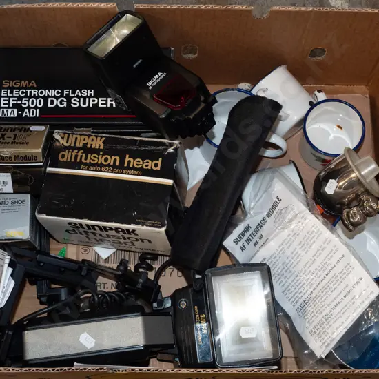 box; enamel cups, camera flashes etc