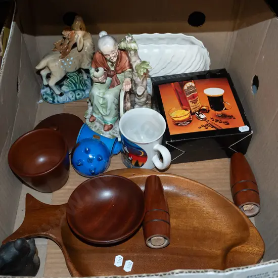 box; woden bowls, figurines, vase etc