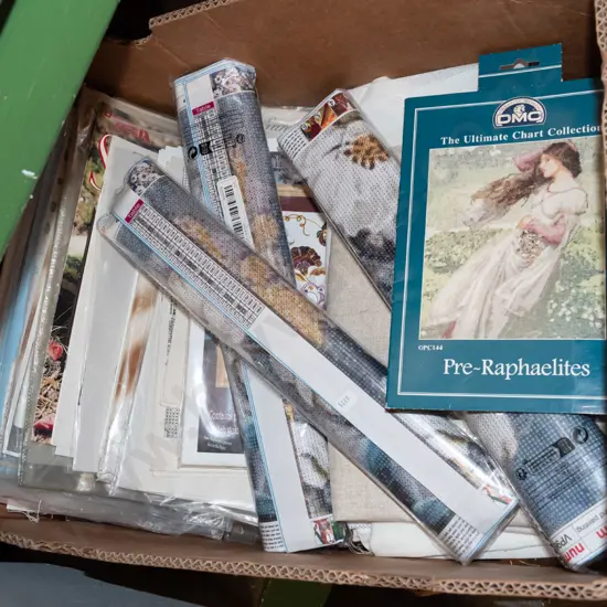 box; needlework sets, fabric etc