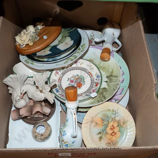box; plates, bird figurines etc