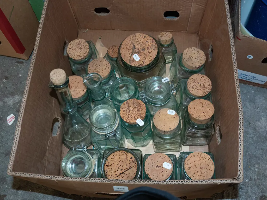 box; glass canisters - some with cork lids, some self sealing Image 1++