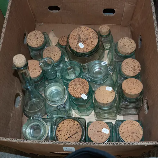 box; glass canisters - some with cork lids, some self sealing