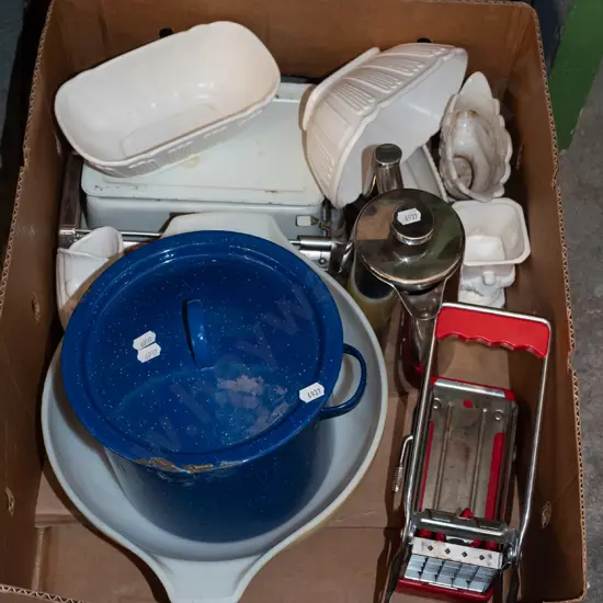 box; potato chip maker, scales, vases etc
