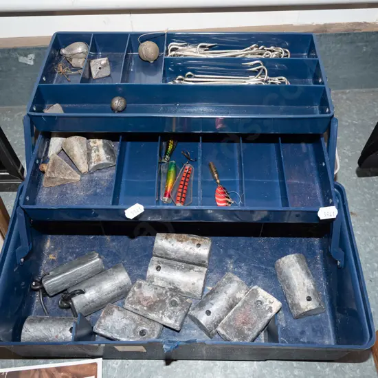 fishing tackle box; hooks, sinkers
