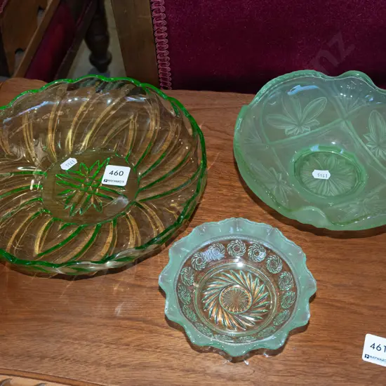 3x green glass bowls Largest Diam235