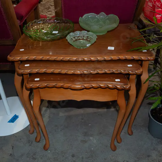 mahogany veneer nest of 3 tables - pie crust edged
