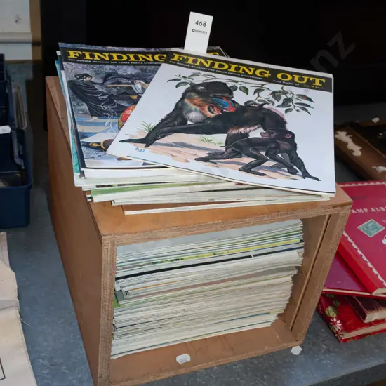 back issues of Finding Out children's magazines, homemade plywood box