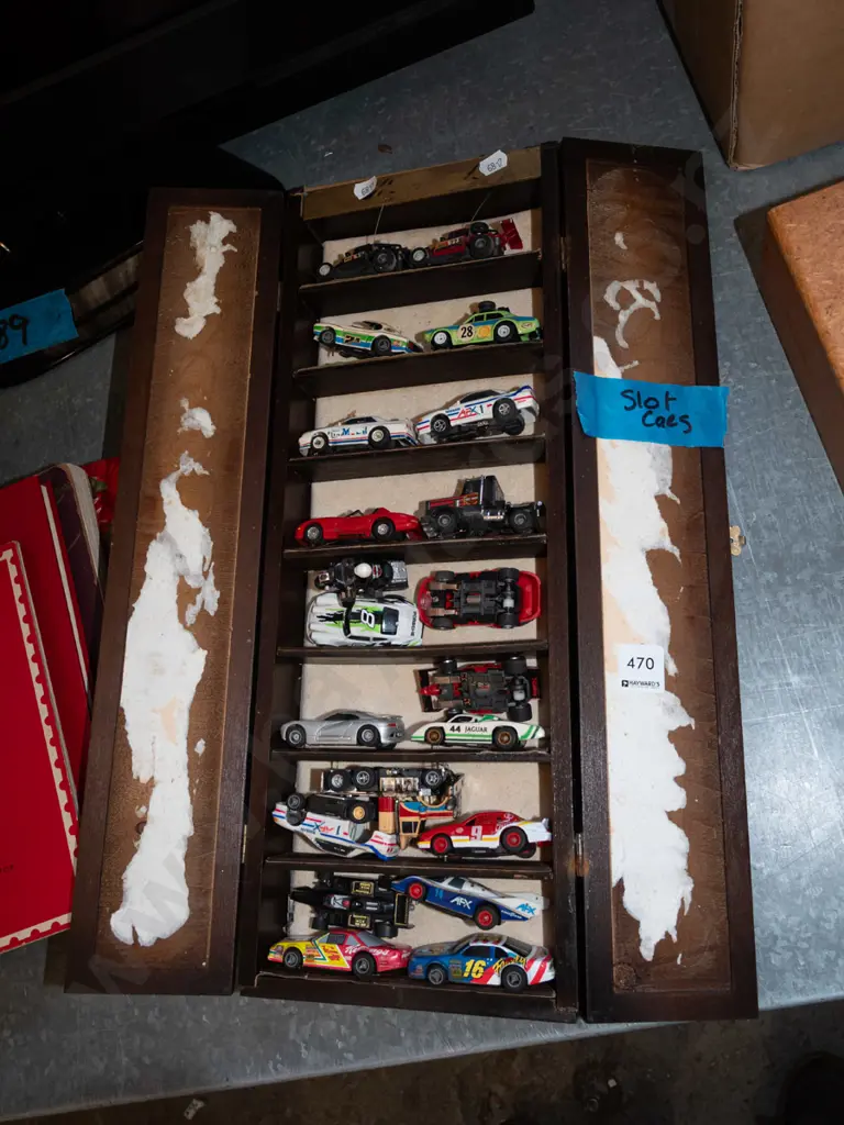 wooden box of numerous small slot cars Image 1++