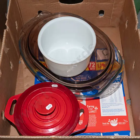 box; small enamel lidded casserole, milk glass bowl etc