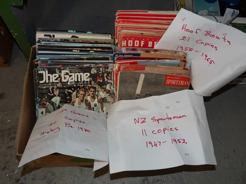 box; back issues of NZ sporting magzines; The Game 1970s, NZ Sportsman 1947-52, Hoof Beats 1958-65 Image 1++