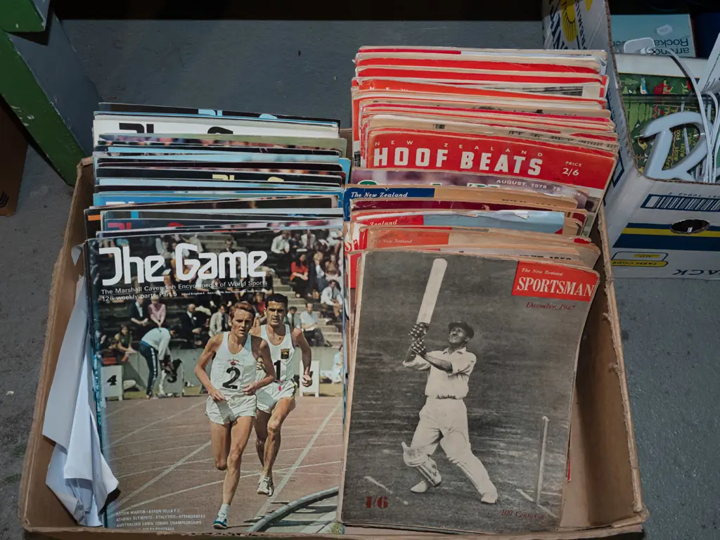 box; back issues of NZ sporting magzines; The Game 1970s, NZ Sportsman 1947-52, Hoof Beats 1958-65 Image 1++