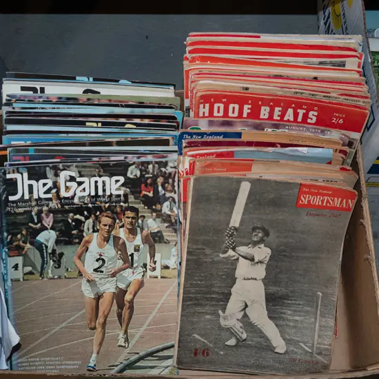 box; back issues of NZ sporting magzines; The Game 1970s, NZ Sportsman 1947-52, Hoof Beats 1958-65