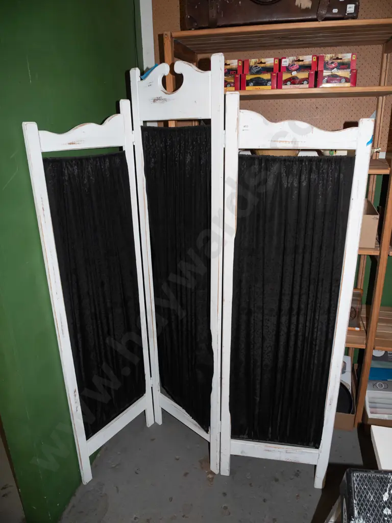 distressed white painted 3 fold screen with black fabric inserts Image 1++