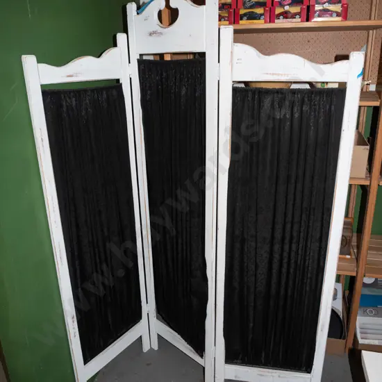 distressed white painted 3 fold screen with black fabric inserts
