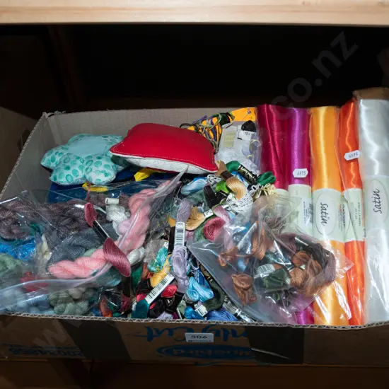 box; satins, pin cushion, safety pins etc