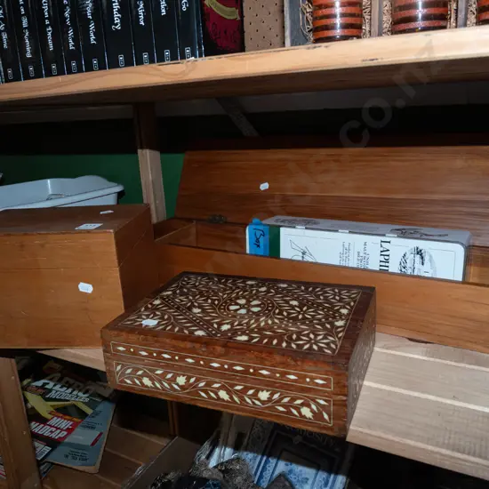3x hinged wooden boxes, whisky tin