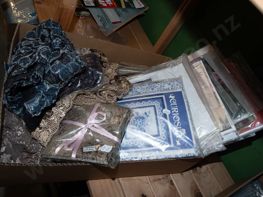 box; quilting patterns, lace trims, fabric pieces etc Image 1++
