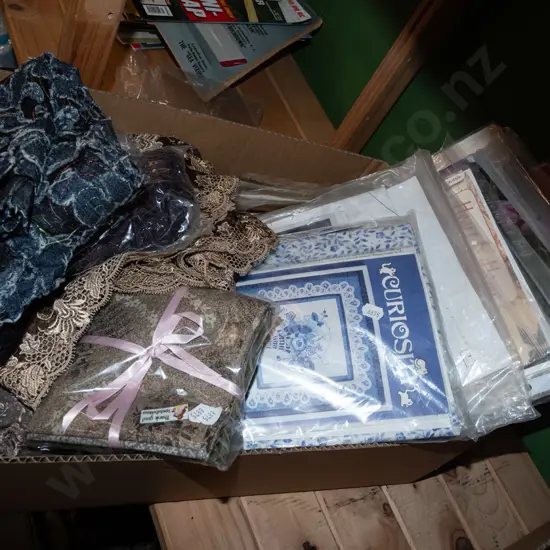 box; quilting patterns, lace trims, fabric pieces etc
