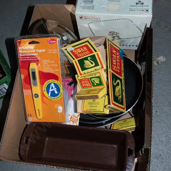 box; matches, waterproof thermometers, baking dishes etc