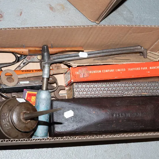 box; sharpening stones, oiler, vintage keys  etc