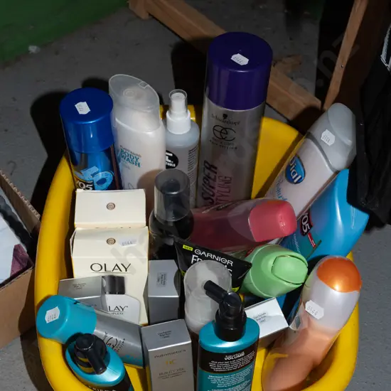 tub of various toiletries; shampoo, soap etc