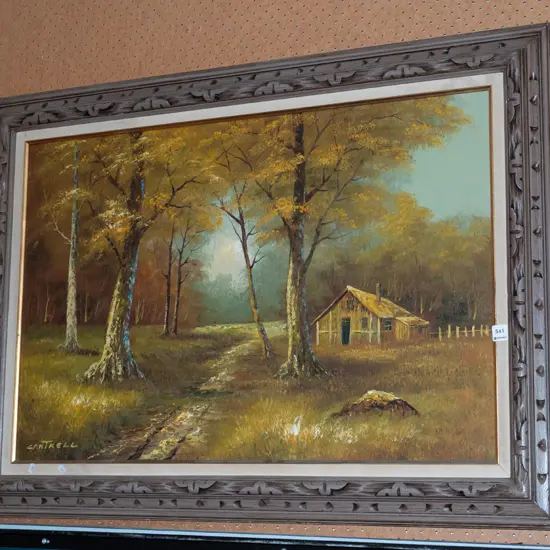 framed oil on canvas - trees and farmhouse