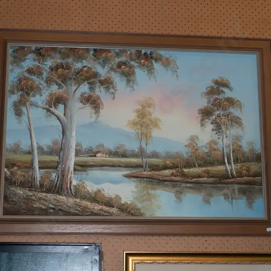 framed oil - stream, trees, farmhouse