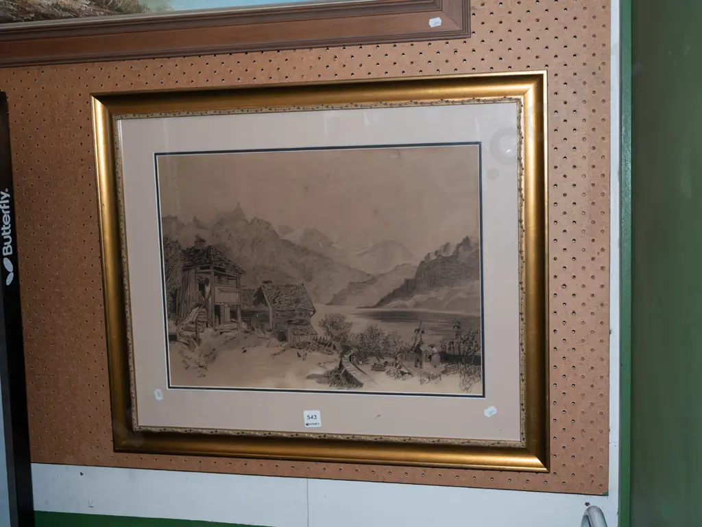 framed pencil - dated 1894 - lake, village and mountain scene - some damage Image 1++
