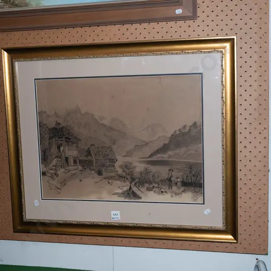 framed pencil - dated 1894 - lake, village and mountain scene - some damage