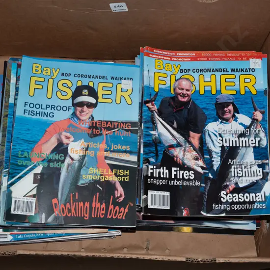 box of Bay Fisher magazines