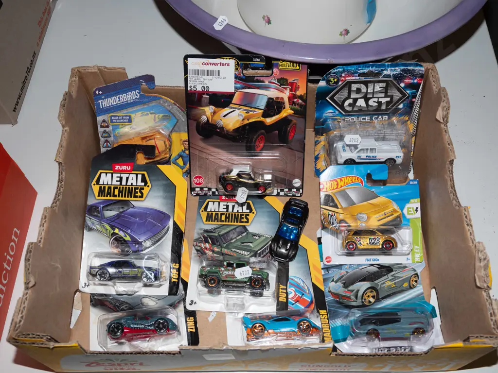 box of carded Hotwheels and Zuru diecast vehicles Image 1++