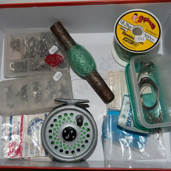 box; fishingreels, hooks, line etc