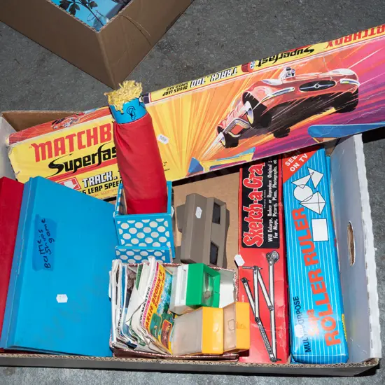 box; Matchbox track pieces, Viewmaster and reels, Battleship game etc