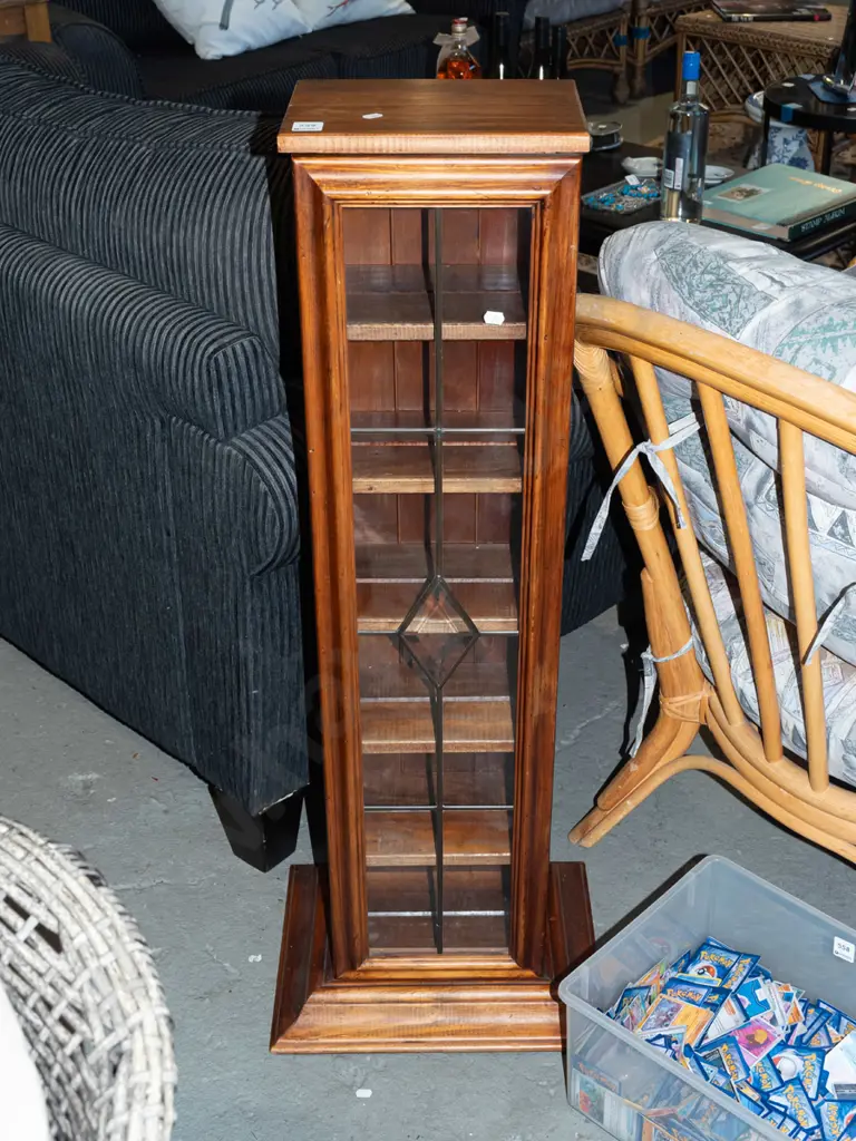 solid pine CD storage cabinet with bevelled edge and leadlight door H1050 W400 D315 Image 1++