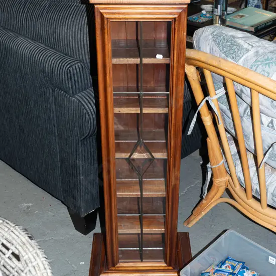solid pine CD storage cabinet with bevelled edge and leadlight door H1050 W400 D315
