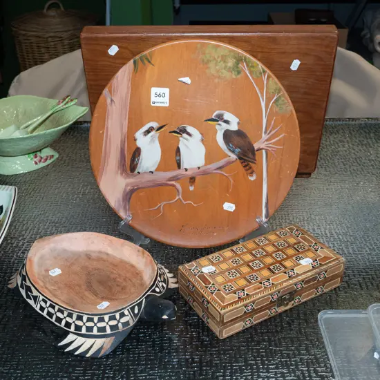 Australian wooden kookaburra plate, souvenir turtle, backgammon set