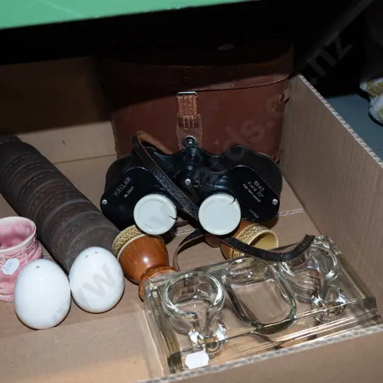 box; 8x40 field binoculars, salt and peppers, napkin rings etc
